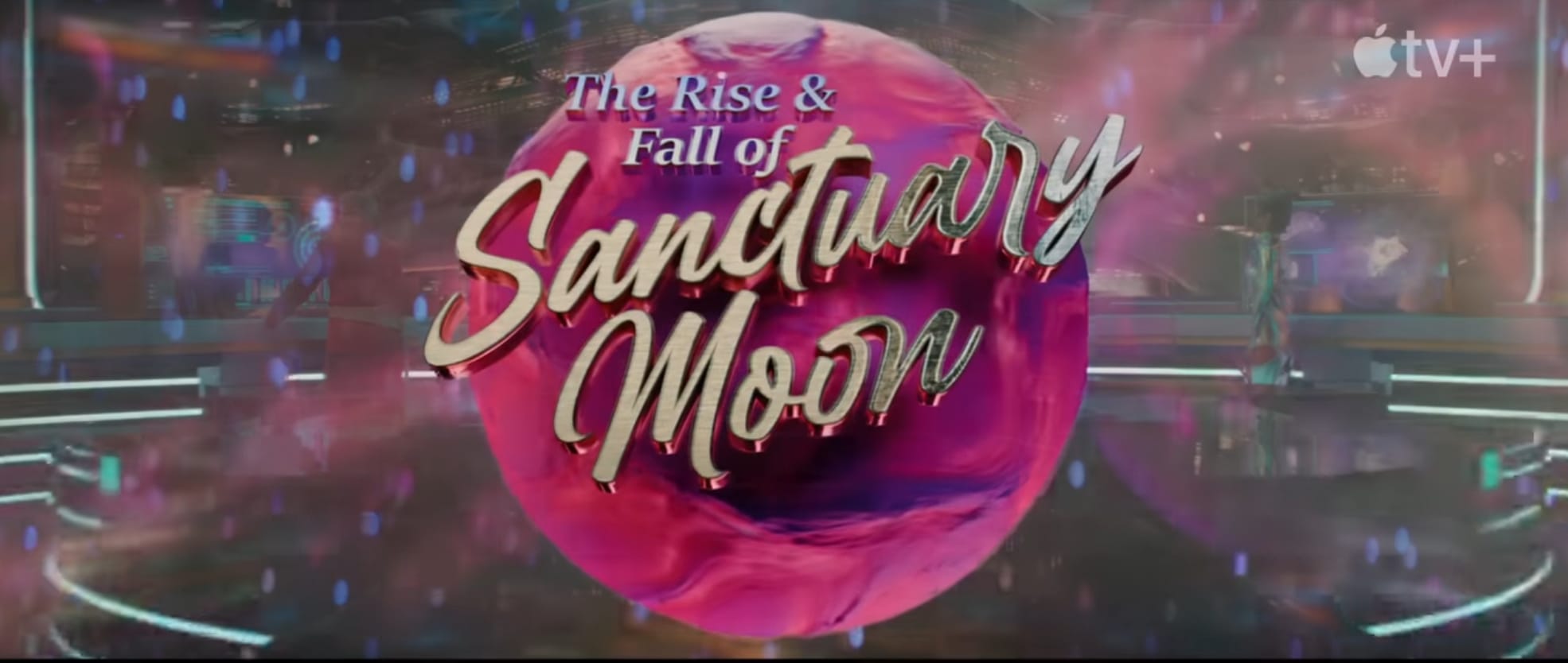 Logo for The Rise and Fall of Sanctuary Moon, with the title in script across a pink sphere against a sparkly background