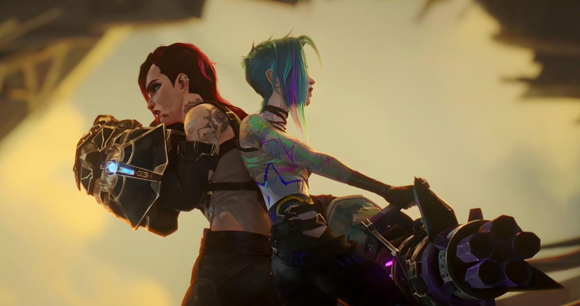 Animated still showing two heavily armed women standing back-to-back, facing some unseen threat.