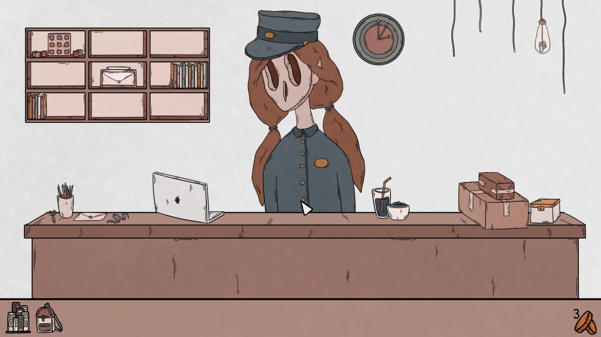 Illustration showing a mail person with a skeletal face standing behind a post office counter.