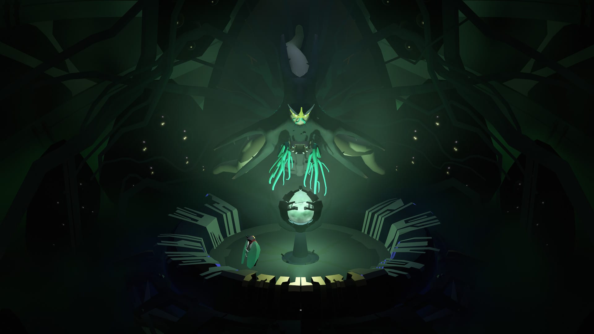 Screenshot from a game, in which a tiny humanoid bug creatures looks up at a glowing orb, which is being help by a massive alien insect.