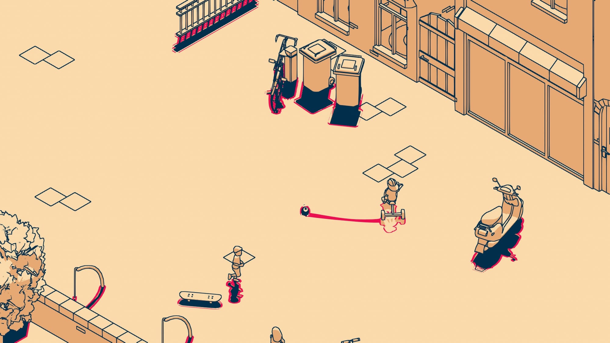 Screenshot from a video game, showing a little shadow creature stretching out from a young boy riding a tricycle on the sidewalk.