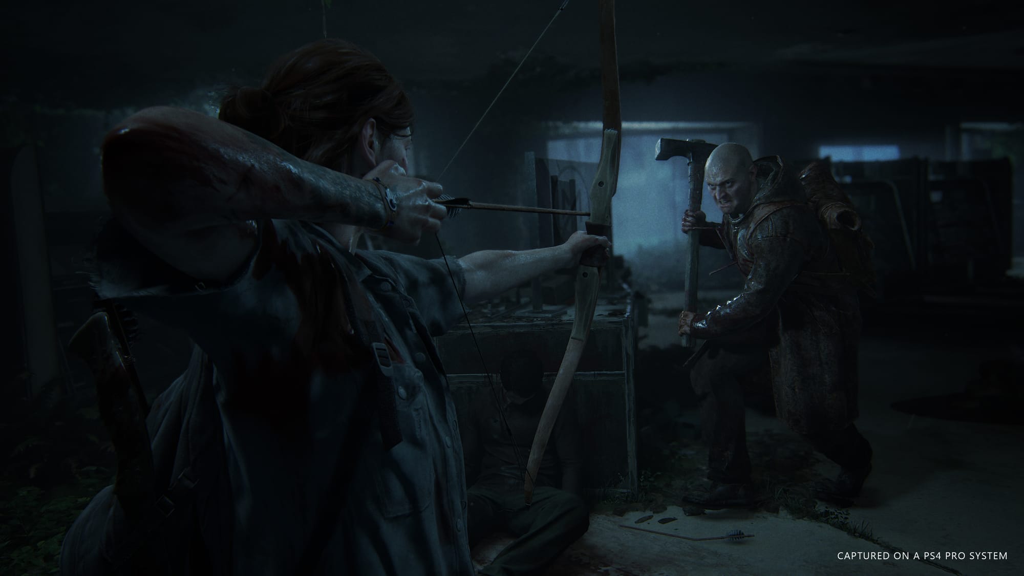 Screenshot from a video game showing a woman drawing a bow an arrow on a man charging at her with an axe.