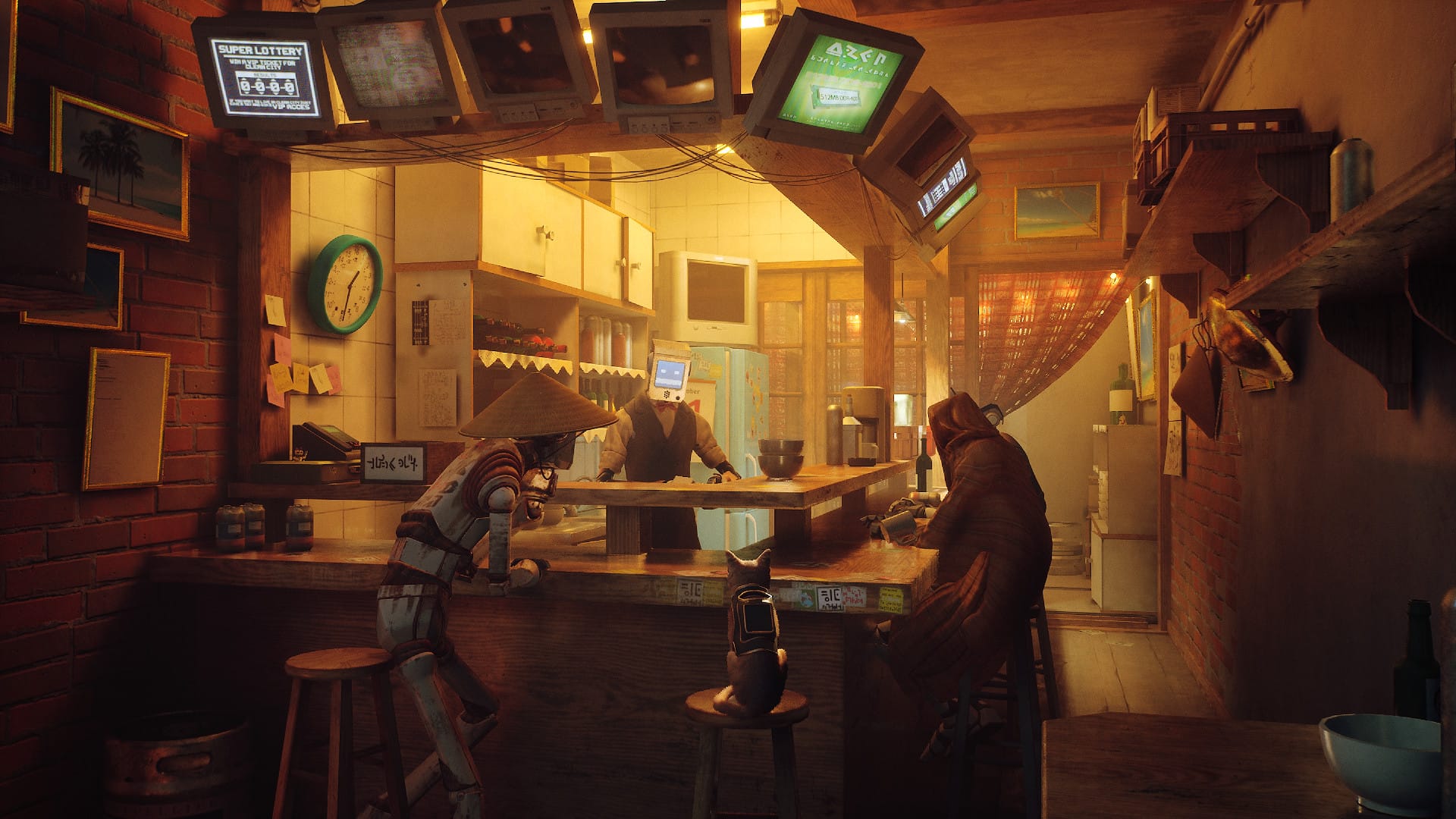 A group of three robots (some in human dress) stand around a bar, while a cat sits on a stool. The light is sickly yellow.