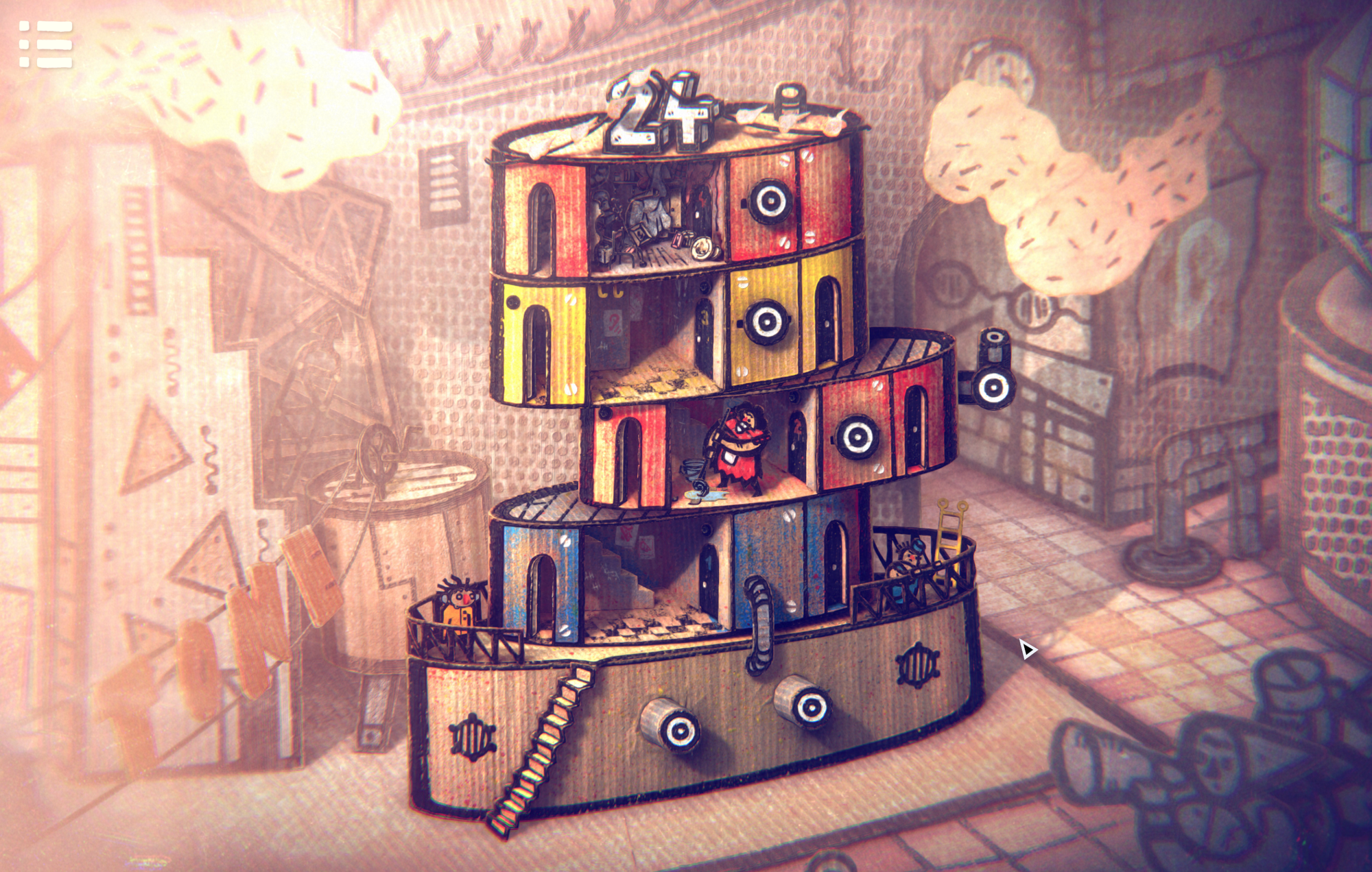 Screenshot from a video game with vibrant hand-drawn artwork, showing a building with interactive sliding floors.