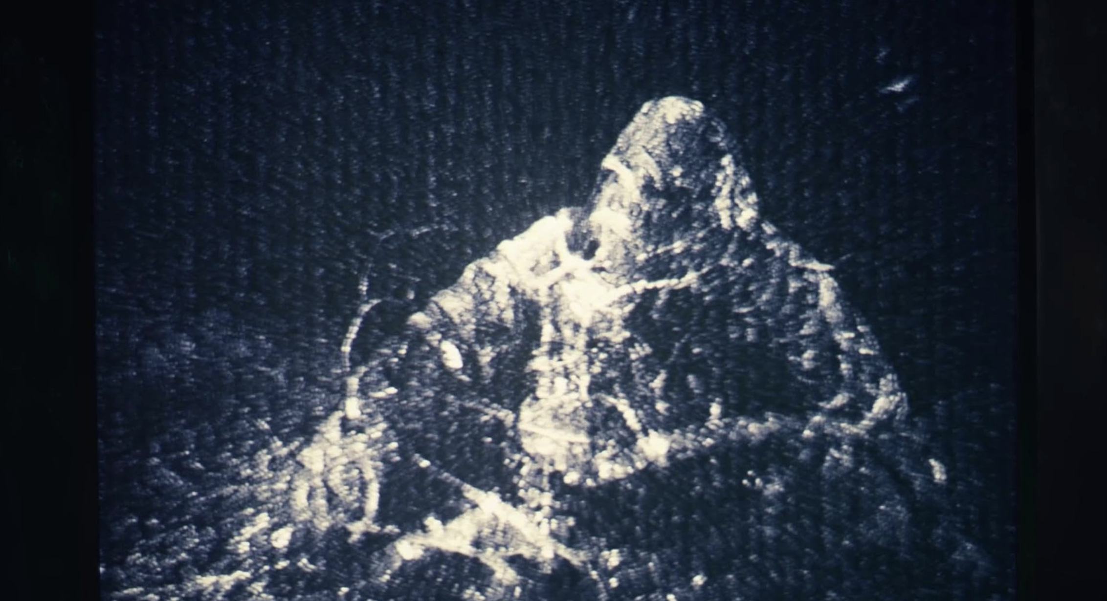 A grainy black and white image of a shape within the blood ocean. The shape is lumpy and tangled, and it's unclear what it is precisely.