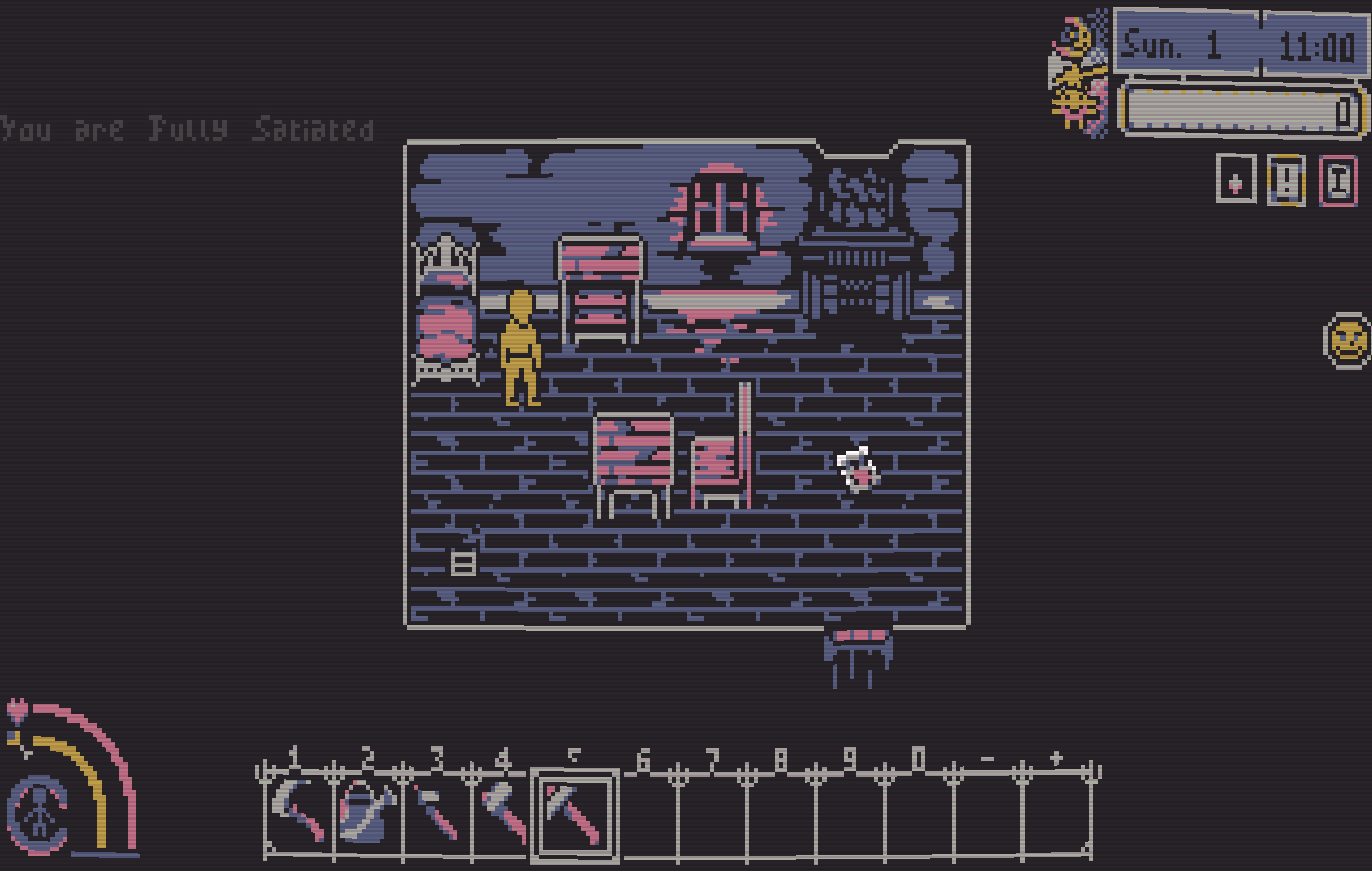 Video game still with an old pixel art style. A little yellow figure stands in a dilapidated room.