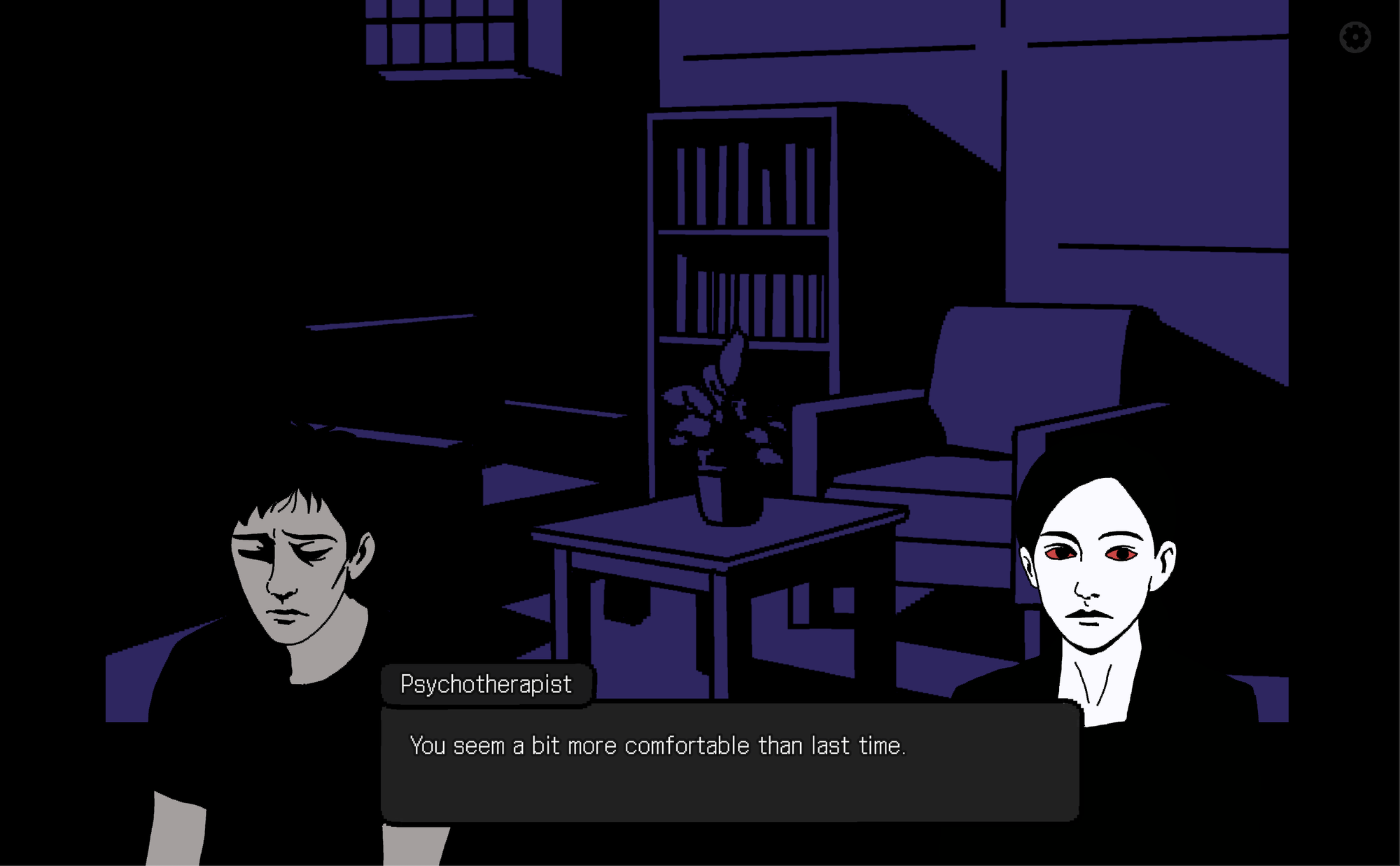 An illustrated image with two black and wide figures against the blue hued image of a doctor's office. The Psychotherapist says, "You seem a bit more comfortable than last time."